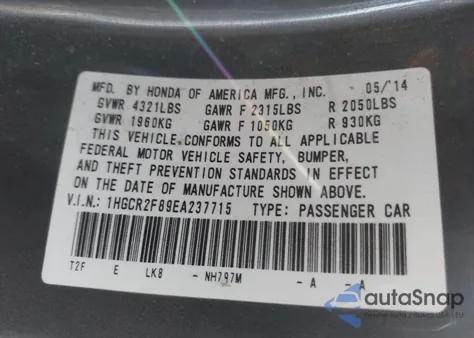 2014 Honda Accord Ex-L z USA, uszkodzony, nr VIN 1HGCR2F89EA237715